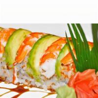 Crazy Tuna Roll (8) · Spicy crunch tuna and cucumber inside topped with shrimp and avocado and with spicy sauce.