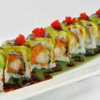 Fancy Roll (8) · Shrimp tempura and cucumber inside topped with spicy tuna, avocado, and tobiko, and with eel...