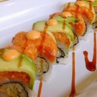 Sunshine Roll (8) · Shrimp tempura, cucumber topped with avocado and spicy salmon, and with eel sauce, spicy may...