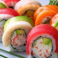 Rainbow Roll (8) · California topped with tuna salmon with white fish.