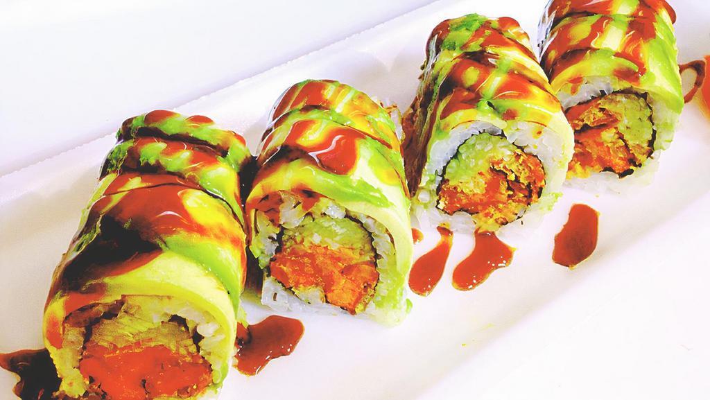 Sweet Roll (8) · Sweet potato tempura and cucumber inside topped with avocado, and with special sauce.