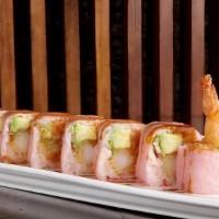 Pink Lady Roll (12) · Shrimp tempura, spicy crabmeat and avocado topped with crunch and masago, wrapped in pink so...