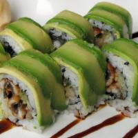 Green Dragon Roll (8) · Eel and cucumber inside topped with avocado, and with eel sauce.