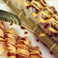 Grilled Salmon · Six shrimp tempura rolls and five grilled salmon sushi.