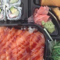 Salmon Don · Include four pieces California roll, seaweed salad, one spring roll, two pcs. sweet potato, ...