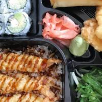 Shrimp Bento · Includes four pcs. California roll, seaweed salad, one spring roll, two pcs. sweet potato, a...