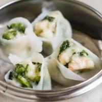 Shrimp And Snow Pea Leaf Dumplings · Minced shrimp with snow pea leaf greens in homemade open-faced wheat wrappers. 4 pieces.
