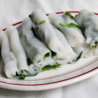 Cilantro And Scallion Rice Rolls · Steamed rice flour noodles drizzled with cilantro and scallion, and homemade sweet soy sauce
