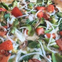 Vegetarian Pizza · Fresh baby spinach, fresh broccoli, fresh garlic, mushrooms, bell peppers, onions and tomato...