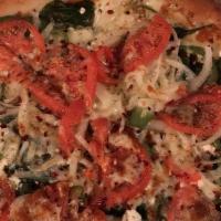 Greek Pizza · Extra virgin olive oil, fresh garlic and herbs, feta cheese, fresh spinach, kalamata olives,...