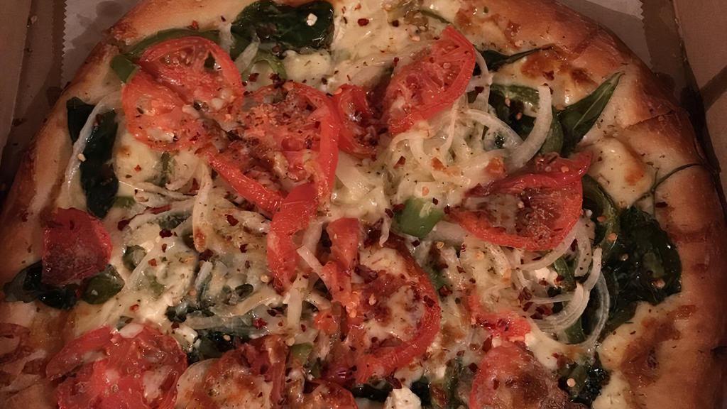 Greek Pizza · Extra virgin olive oil, fresh garlic and herbs, feta cheese, fresh spinach, kalamata olives, bell peppers, fresh tomato and red onions.