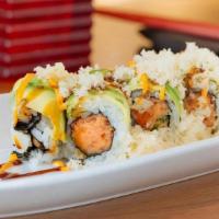 Azie Roll · Spicy Tuna and Scallion, topped with Avocado, Crunch and Eel Sauce