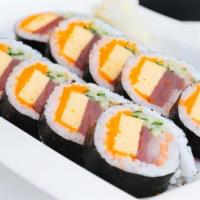Takeshima · trio of tuna, salmon, yellowtail, cucumber, tamago, masago, traditional roll with seaweed on...
