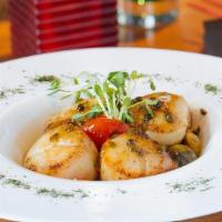 Diver Scallops · Pan Seared Diver Scallops in a Pancetta Thyme Cream with Clam Chowder Bread Pudding, And Cri...