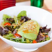Avocado Salad · Mixed Greens, Avocado, Tomatoes, and Red Onions tossed in a Ginger Onion Dressing