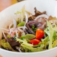 Field Greens · Mixed Greens with tomatoes and Ginger Onion Vinaigrette Dressing