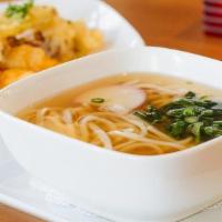 Tempura Udon · Japanese wheat Udon Noodles in a clear Dashi Broth, served with Tempura Shrimp and Vegetables