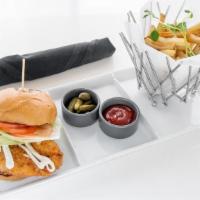 Panko Crusted Chicken Sandwich · Chicken breast with garlic aioli. Served on a grilled brioche bun, with lettuce and tomato, ...