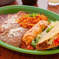 Margaritas Famous Taster · Our original combo. A chicken burrito, beef enchilada, and ground beef taco. Served with Mex...