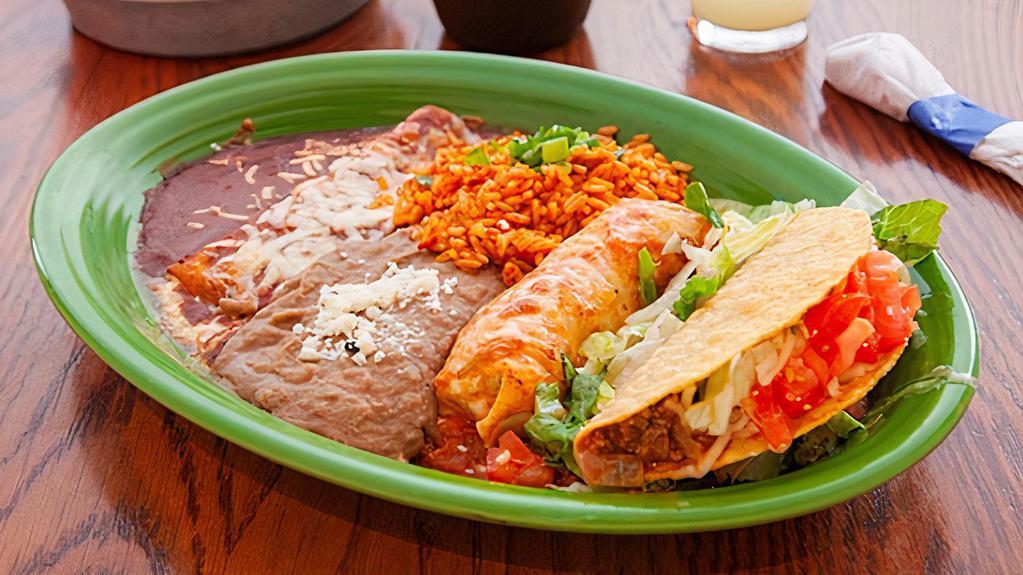 Margaritas Famous Taster · Our original combo. A chicken burrito, beef enchilada, and ground beef taco. Served with Mexican rice and beans.