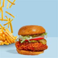 Korean Style Bbq Fried Chicken Sandwich · Halal Korean fried chicken, sesame seeds, spicy mayo, and coleslaw served on a griddled sesa...