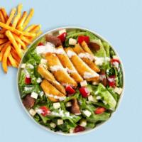 Crispy Chicken Salad · Fresh iceberg lettuce, tomatoes, onion, green peppers, black and green olives and cheese wit...