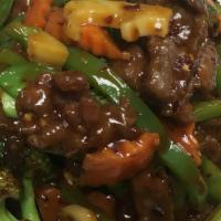 Beef Hunan Style · Spicy. Served with white rice. Hot and spicy.