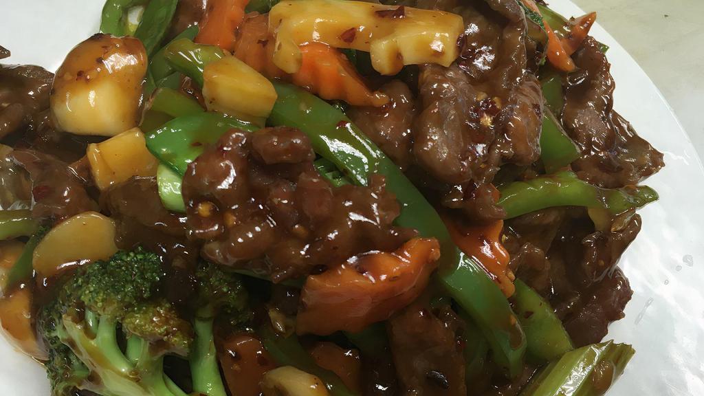 Beef Hunan Style · Spicy. Served with white rice. Hot and spicy.