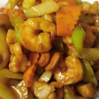 Cashew Shrimp · Served with white rice.
