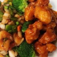 Dragon Meets Phoenix · Spicy. Half of General Tso's chicken and half of hot and spicy shrimp. Hot and spicy.
