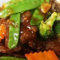 Sha Cha Beef · Spicy. Sliced beef sauteed with mixed vegetables in spicy Chinese sauce.