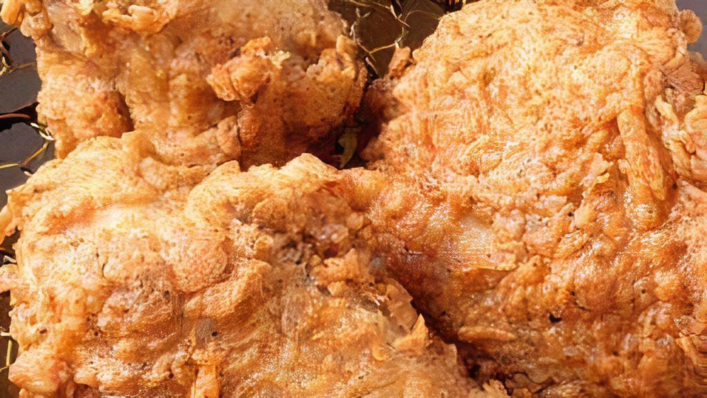 Fried Half Chicken · Deep fried battered half chicken (breasts, wings, thighs, drumsticks).