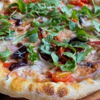 Veggie Pizza · Mix of Local Vegetables, Cheese
Olives,Tomato Sauce, Arugula