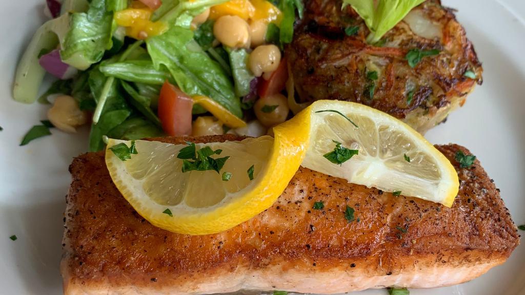 Atlantic Salmon* · Gluten Free. Pan Seared Salmon, Mediterranean Veggie Tartare, Mixed Chopped Salad