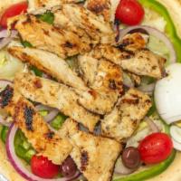 Charcoal Grilled Chicken Salad · Served with lettuce, cherry tomatoes, cucumbers, onions, green peppers, hard-boiled eggs, an...