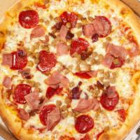 Meat Lovers Pizza · Pepperoni, sausage, ham, and bacon. Red homemade pizza sauce.