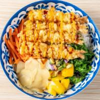 Shrimp Tempura Bowl · fried shrimp ,seaweed salad ,sweet onion ,edamame ,scallion ,carrots, sesame seeds ,mango, g...