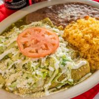 Enchiladas · 4 enchiladas made with choice of sauce. Filled with cheese or chicken. Topped with lettuce, ...