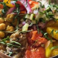 All Veggie Bowl · Potatoes, channa and tomato choka.  Includes jasmine rice and cucumber salad.