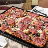 Quattro Stagioni Pizza (Full Tray) · Tomato pulp, grilled Roman artichokes, olives, mushrooms, prosciutto, and mozzarella.