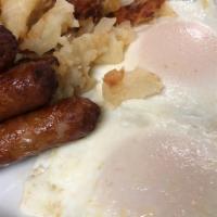 Two Country Fresh Eggs With Meat · with Choice of Breakfast Meat, Homefries or grits,  and toast.