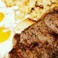 Steak & Eggs · Grilled and seasoned sirloin with two eggs any style, toast and home fries.
