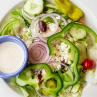 Zoe'S Famous Greek Salad · Romaine and iceberg lettuce, tomatoes, cucumber, onion, pepperoncinis, peppers, Kalamata oli...