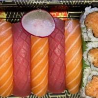 Tuna & Salmon Lunch · Three pieces of tuna sushi, three pieces of salmon sushi, with spicy tuna or spicy salmon ro...