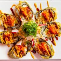 Spice Girl · Spicy. Deep-fried roll with spicy tuna, spicy salmon, white fish, avocado inside, caviar on ...