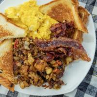 Eggs, Home Fries & Bacon · Fluffy scrambled organic eggs, cooper sharp cheese, halal beef bacon, grandma home fries wit...