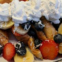 French Toast (3) With Topping · With choice of banana, strawberry, blueberry, chocolate chip, walnut coconut, fruit topping,...