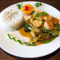 Spicy Garlic Shrimp · Wok tossed shrimp and vegetables with garlic and sambal oelek chili. Served with fried, brow...