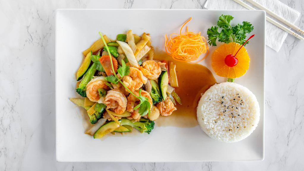 Vietnamese Garlic Butter Shrimp · Shrimp and vegetable sauteed in a fragrant garlic butter sauce. Served with fried, brown or white rice and crispy spring roll.
