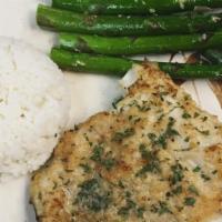Baked Halibut · with steamed rice.